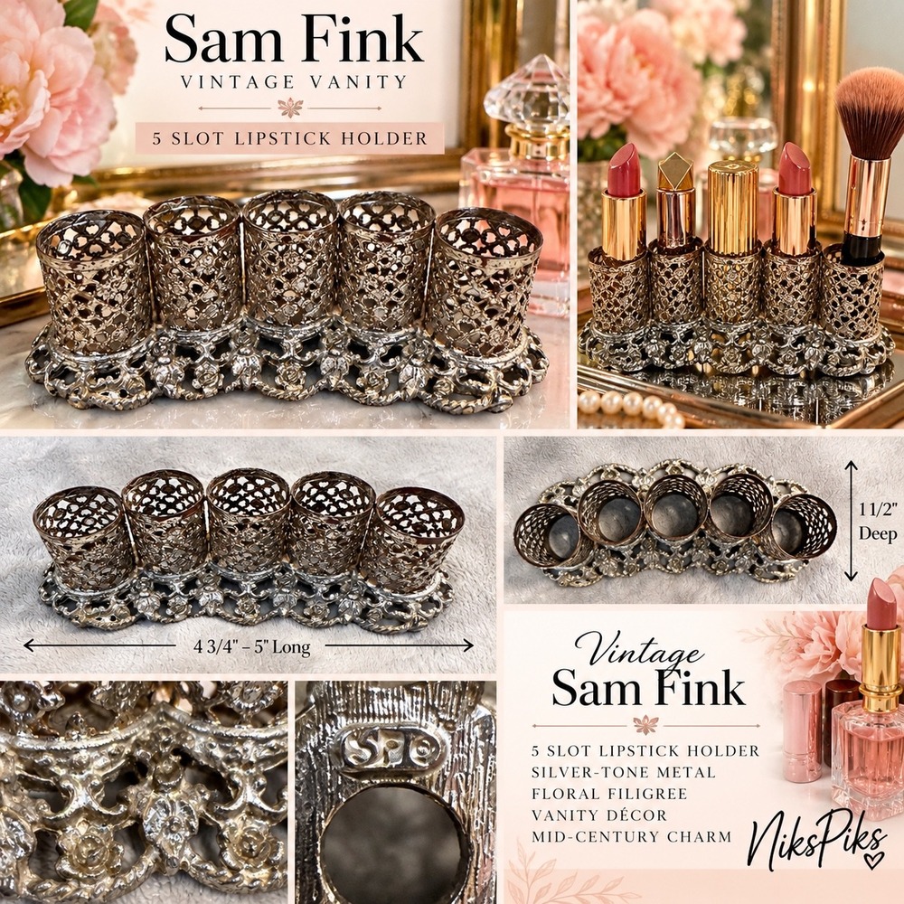 Vintage Sam Fink SF 5 Slot Lipstick Holder Silver Tone Filigree Vanity Caddy